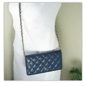 Chanel Caviar Full Flap Wallet On Chain Navy Blue w Logo CC Hardware Cards/Box